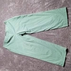 Talbots flat front side zip green and white geometric print pants